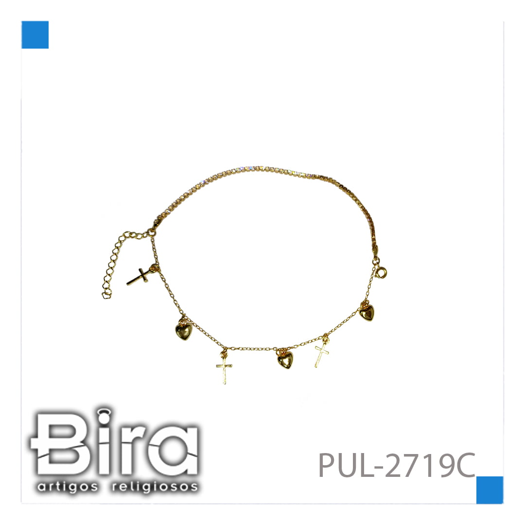 Bira Artigos Religiosos - PULSEIA FOLHEADA DUPLA CORAÇÃO E CRUZ - CÓD. PUL-2719C