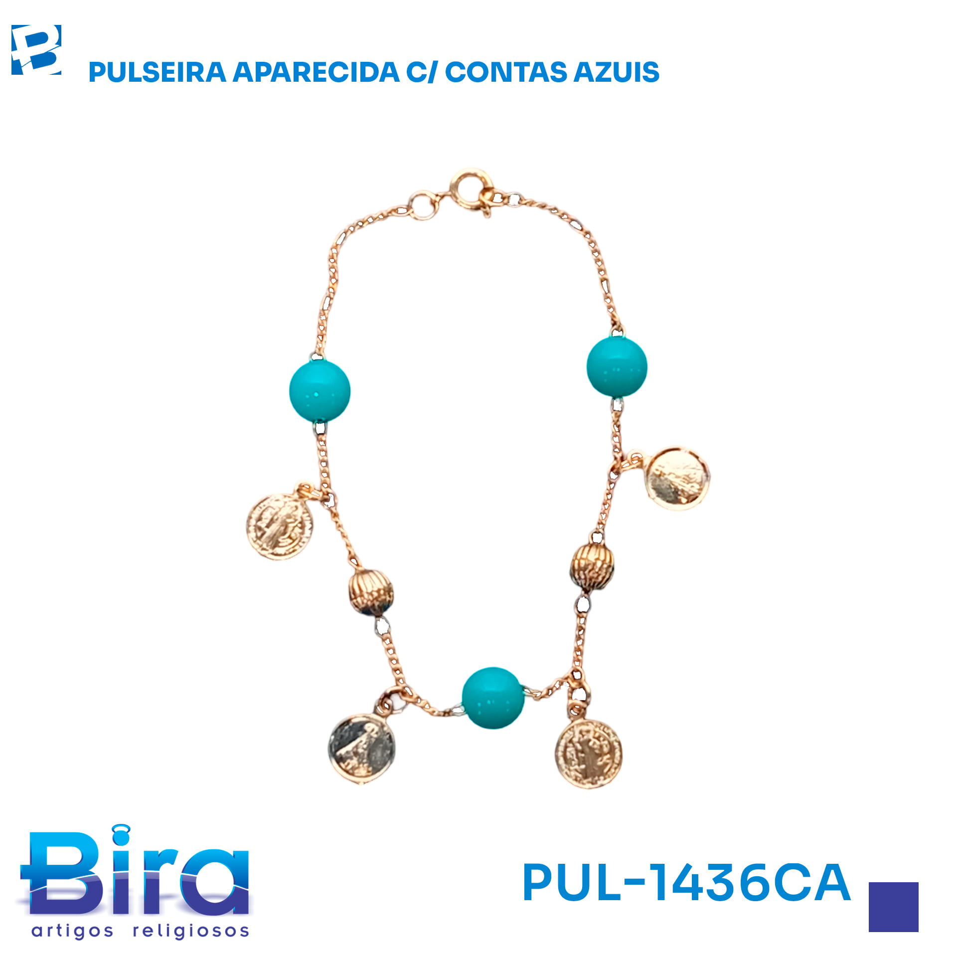 Bira Artigos Religiosos - PULSEIRA APARECIDA C/ CONTAS AZUIS - Cód.: PUL-1436CA