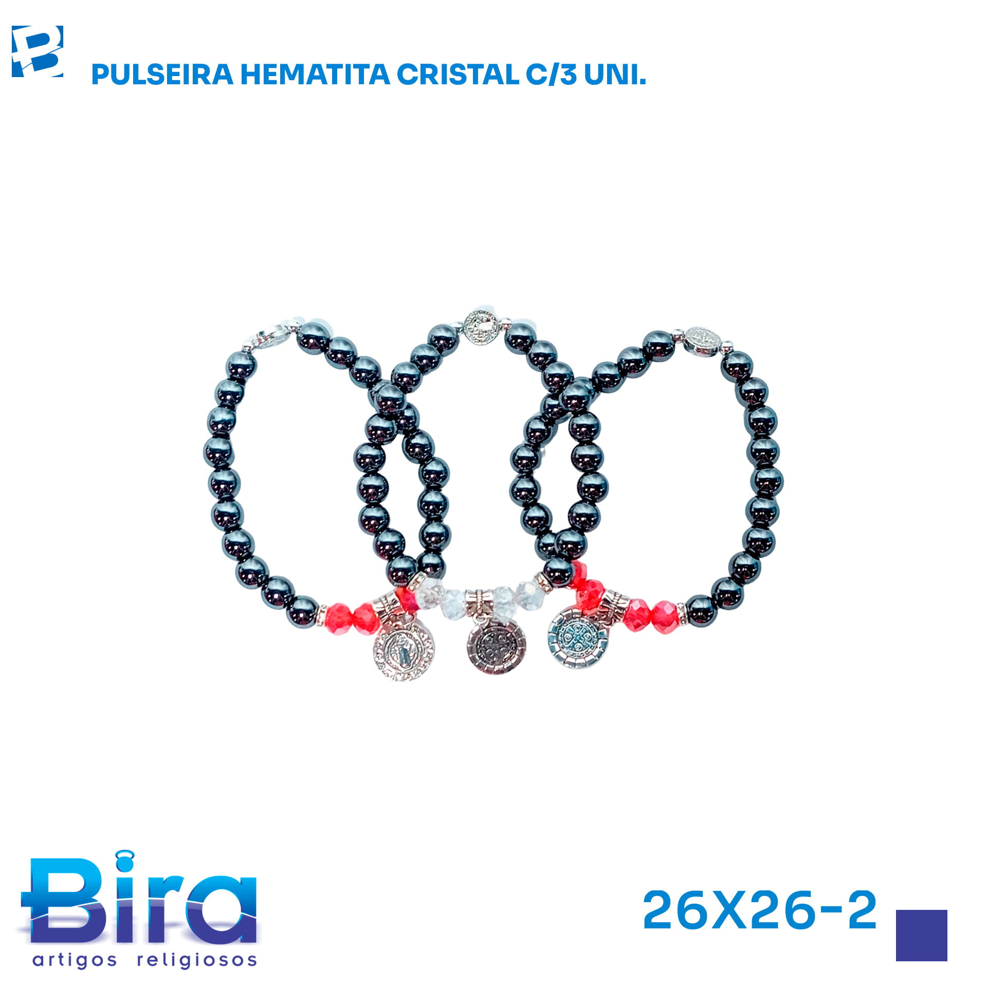 Bira Artigos Religiosos - PULSEIRA HEMATITA C/CRISTAL SB OU AP 3/UNI