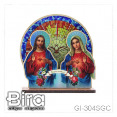 Quadro de Mesa em Madeira Sagrado Coração de Jesus e Maria - 15x16cm - Cód. GI-304SGC