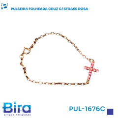 Pulseira Folheada Cruz Com Strass Rosa - Cód. PUL-1676C Pulseira Folheada Cruz Com Strass Rosa - Cód. PUL-1676C